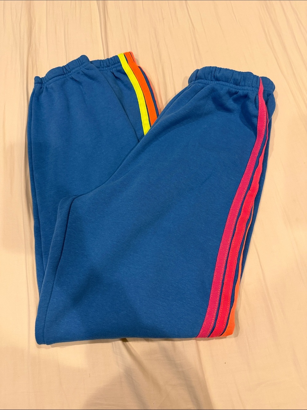 Women’s medium aviator nation Blue Sweatpants with Neon Rainbow Side Stripes